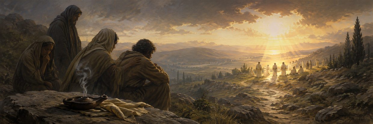 Mourners gather near an extinguished lamp while peaceful figures stand beyond them in a luminous dawn